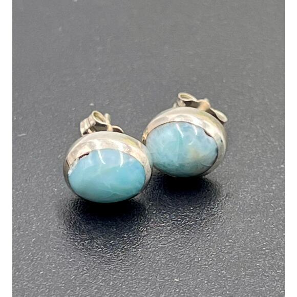 Sterling silver Bezel Set Blue Larimar Cabochon Small Stud Earrings - Picture 8 of 8